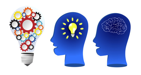 The bulbs have a colorful backlash inside to push the idea. Target and brain usage and rich blue silhouette. White background, illustration, work concept, vector