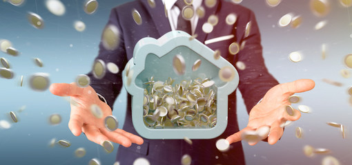 Man holding a House moneybox with coin surrounding all over 3d rendering