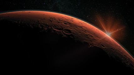 Fototapeta premium Obraz w wysokiej rozdzielczości Marsa. Mars to planeta Układu Słonecznego. Wschód słońca z flary obiektywu. Elementy tego zdjęcia dostarczone przez NASA.