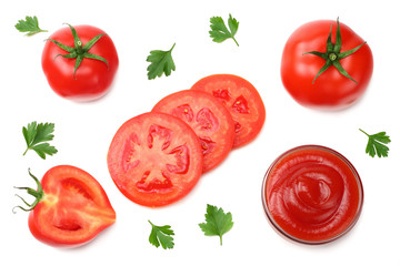 slice of tomato with parsley isolated on white background. top view