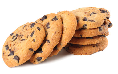 Chocolate chip cookies isolated on white background. Sweet biscuits. Homemade pastry.