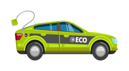 Eco green car. Electrical vehicle with charge battery alternative power energy vector eco transport cartoon