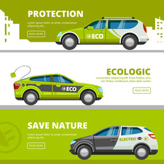 Eco cars banners. Alternative power energy electrical vehicles with charge battery vector eco transport save nature concept