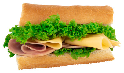 Fresh baguette sandwich with ham, cheese, tomatoes, and lettuce isolated on white background.
