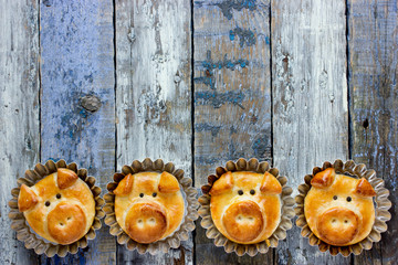 Pig bread buns, funny baking idea shaped cute piggy faces, symbolic food for new year 2019
