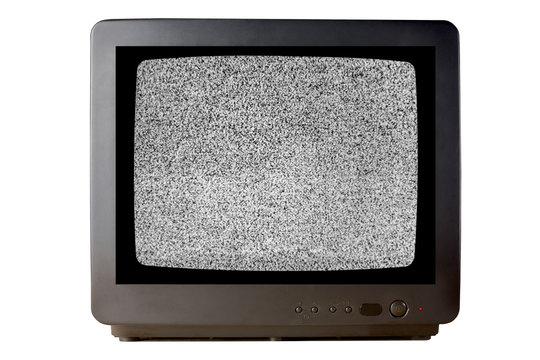 Old vintage TV set televisor isolated on white background with no signal television grainy noise effect on the screen.