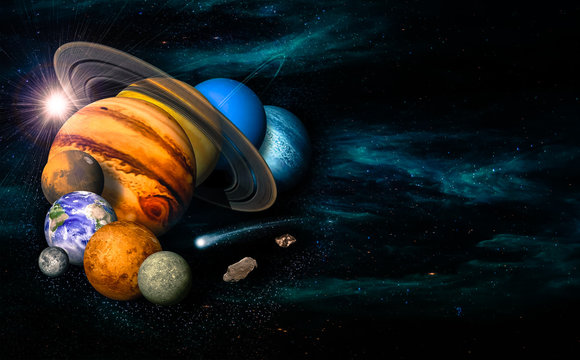 Solar system eight planets, comet and asteroid.  Mercury, Venus, planet Earth, Mars, Jupiter, Saturn, Uranus, Neptune. Science and education background. Elements of this image furnished by NASA.