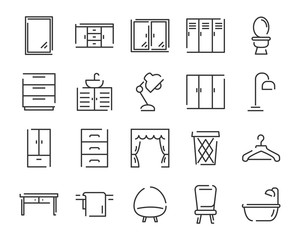 home furniture interiors line icons set