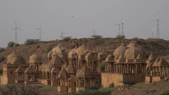 Bada Bagh cenotaphs and wind turbines in Jaisalmer, Rajasthan, India