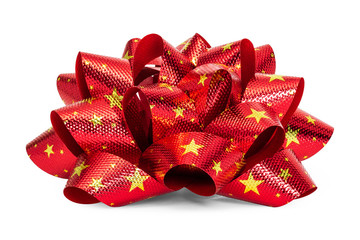 Red bow with star pattern isolated on white background. Beautiful ribbon for gift box. ( Clipping...