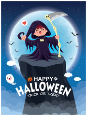 Fototapeta na wymiar Vintage Halloween poster design with vector reaper character. 