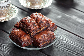 Traditional Baklava on Wooden Table