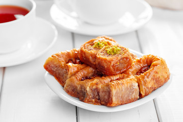 Traditional Baklava on Wooden Table