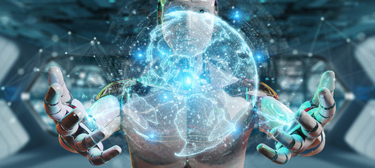 White humanoid using globe network hologram with Europe map 3D rendering