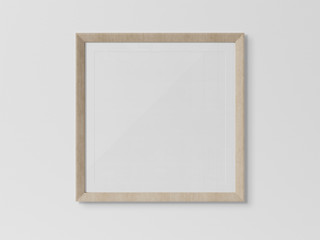 Wooden squared frame hanging on a white wall mockup 3D rendering