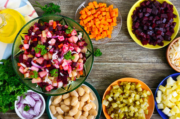 Prepared ingredients for cooking vegetables salad. 