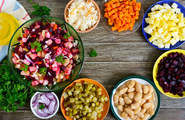 Prepared ingredients for cooking vegetables salad. 