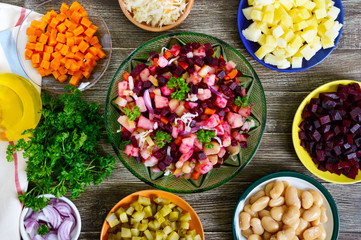 Prepared ingredients for cooking vegetables salad. 