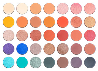Assorted colors blusher or eyeshadow, isolated on white background. File contains a path to isolation. - obrazy, fototapety, plakaty