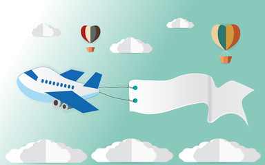 Fototapeta na wymiar Plane with blank poster, fly in the sky and clouds, beautiful color balloon on a green background cute