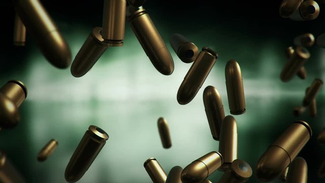 Animation falling of bullets different calibers on dark and blurred background. Animation of seamless loop.