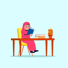 Little Arabian Hijab Girl Reading Book Vector Cartoon Illustration