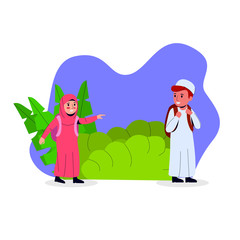 Little Kids Carrying Bag, Going or After School. Older Brother Waiting Little Sister Walking Together. Arabian Flat Vector Cartoon