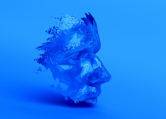 Polygonal human face. 3D illustration of a cyborg head construction. Artificial intelligence concept.