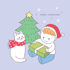 Cartoon cute Christmas boy and cat open gift box vector.