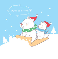 Cartoon cute Christmas bear and fox  playing sledge vector.