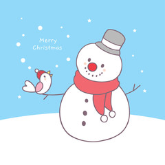 Cartoon cute Christmas snowman and bird vector.