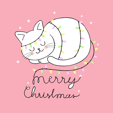 Cartoon Cute Christmas Cat And Light Vector.