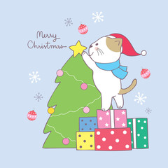 Cartoon cute Christmas cat and Christmas tree vector.