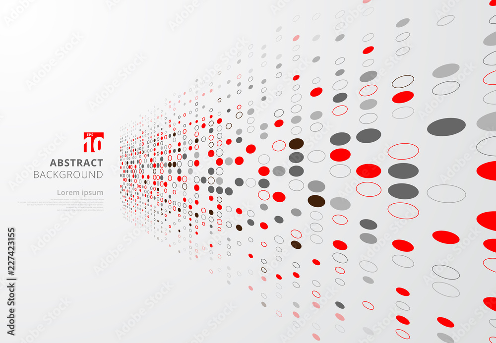 Poster abstract technology perspective background with red and gray circles border dots pattern.