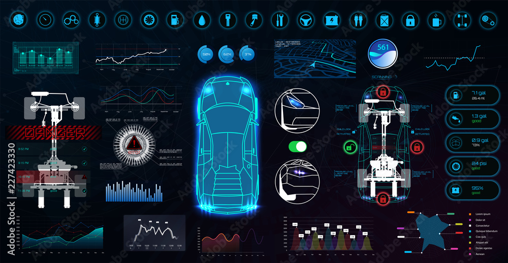 Poster Modern digital technology elements, with abstract glowing HUD interface. Diagnosis and examination of cars with the identification of problems and a complete analysis of the state of the machine
