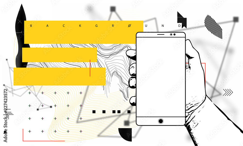 Poster conceptual mobile phone banner, booklet, brochure. composition with fluid and geometric shape and pl