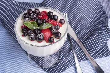 desert, Breakfast, Fresh ripe oatmeal blackberries and raspberries homemade yogurt in glass on light gray concrete background. Healthy food concept with copy space
