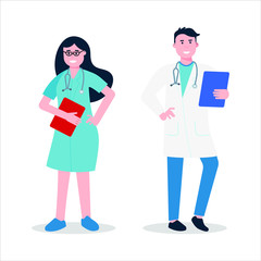 Doctor and nurse standing and hold clipboard flat style vector illustration isolated on white background. Medical center hospital employees.