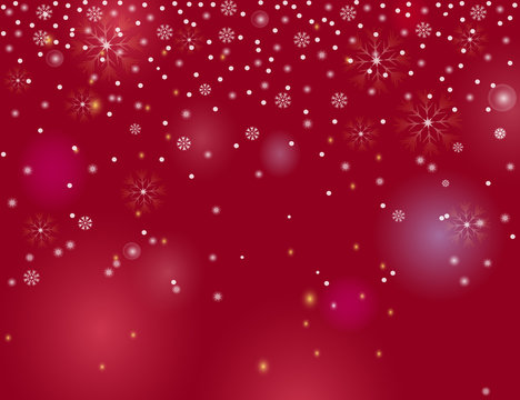 Falling snow border on a red  background. Abstract winter lights blurry background for your Merry Christmas and Happy New Year design. Vector holiday illustration. Place for your text