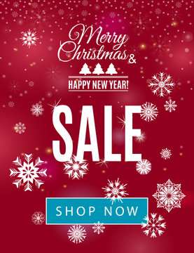 Merry Christmas and Happy New Year sale template with snoflakes isolated on dark wine background. Abstract snowfall blurry background for your discount banner design. Vector snow illustration