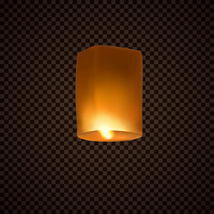 Lantern isolated on transparent background. Diwali festival floating lamp. Vector indian paper flying light ballon with flame at night sky. - obrazy, fototapety, plakaty