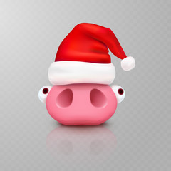 Pig with Christmas Santa Claus hat isolated on transparent background. New Year red cap and cute piglet. Vector xmas funny little piggi character.