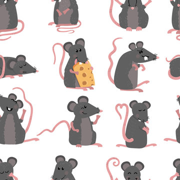 Seamless pattern with cute mice in various poses in cartoon style
