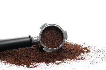 Espresso powdered coffee with portafilter isolated on white background 