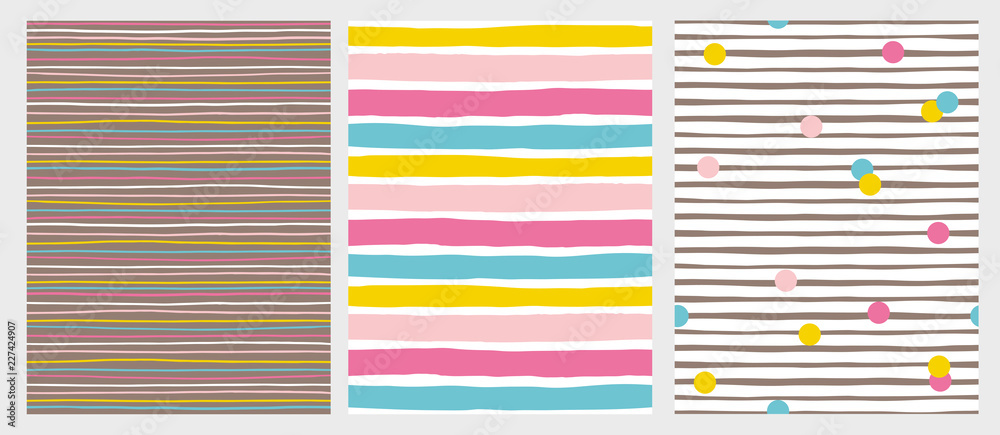 Wall mural set of 3 hand drawn irregular striped vector patterns. horizontal colorful stripes on a white and br