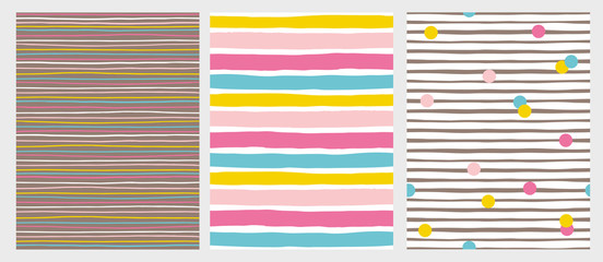 Set of 3 Hand Drawn Irregular Striped Vector Patterns. Horizontal Colorful Stripes on a White and Brown Background. Abstract Infantile Style Design. White, Pink, Blue and Yellow Lines and Dots. 