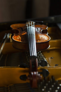 violin in vintage style on wood background close up