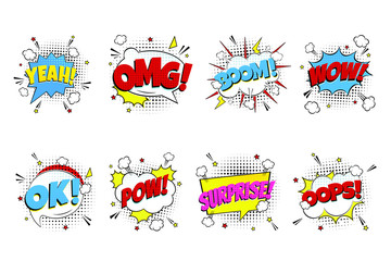 Comic lettering set. YEAH!, OMG!, BOOM!, WOW!, OK!, POW!, SURPRISE!, OOPS! in the speech bubbles comic style flat design. Dynamic pop art illustration isolated on white background. Exclamation concept