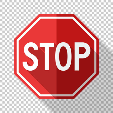Stop sign in flat style with long shadow on transparent background