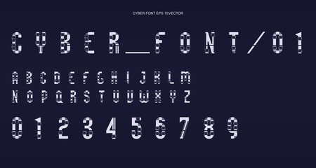 Futuristic Font design. Letters and Numbers for web and app. Techno font alphabet. Digital hi-tech symbols for HUD interface and cyberspace. Set of numbers and symbols for lamp o'clock